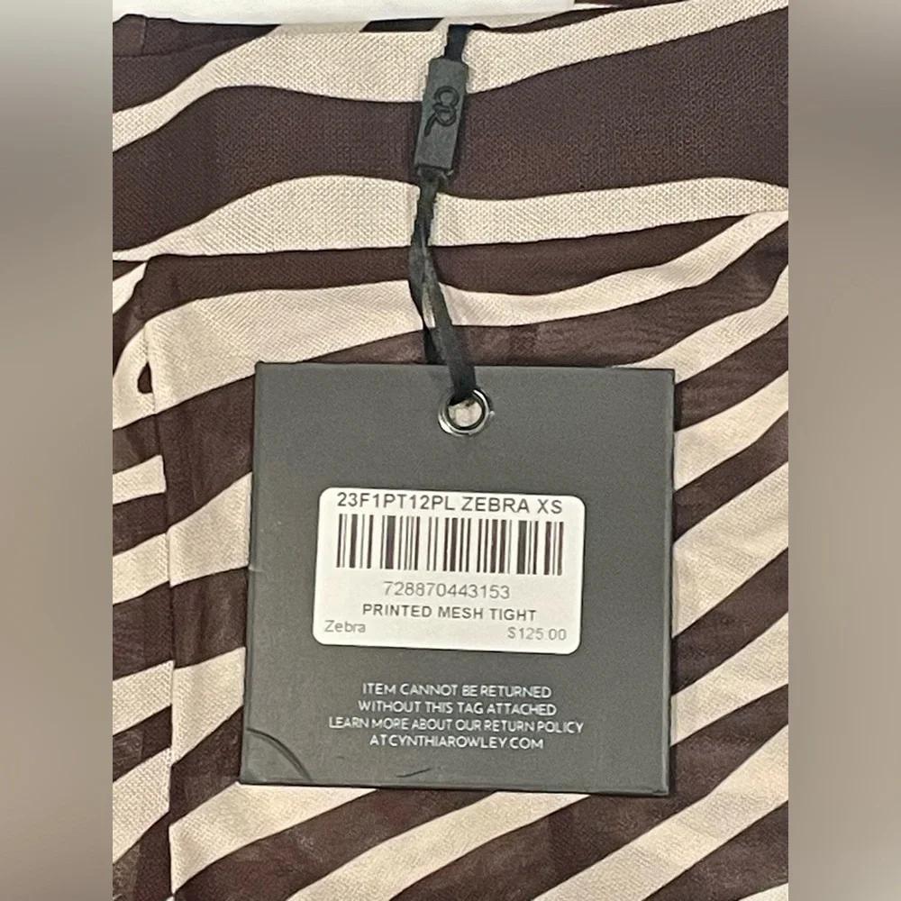 NWT Cynthia Rowley zebra print mesh footed tights, flat waistband, brown, XS